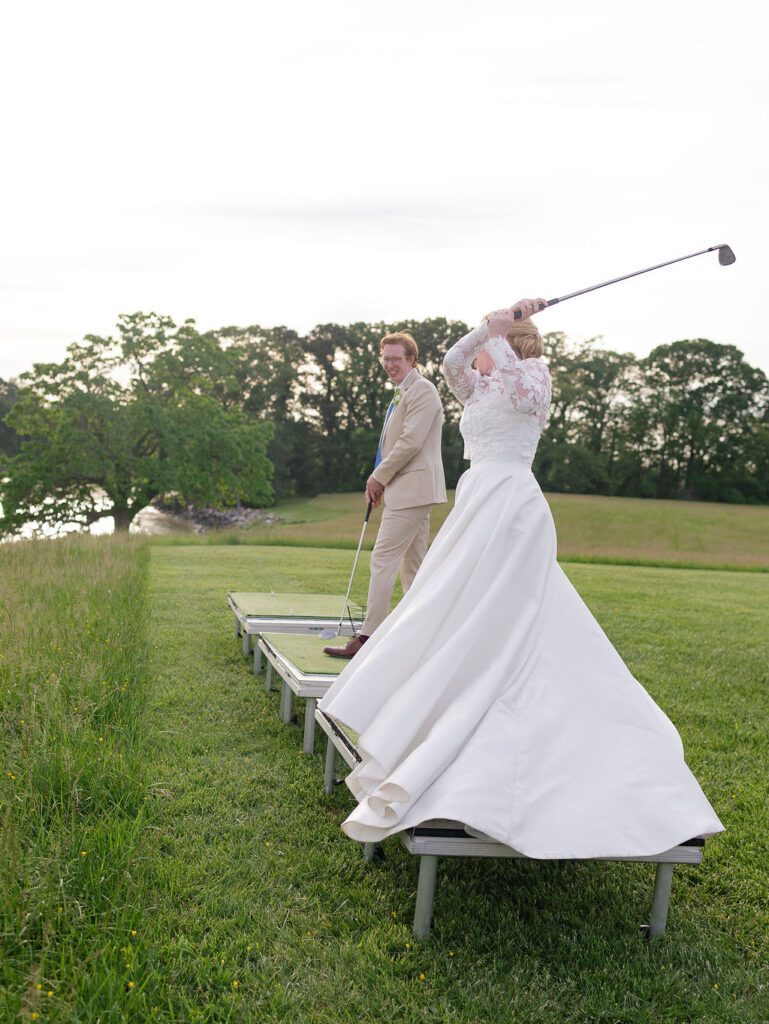 bride and groom hitting biodegradable golf balls into the bay at their cocktail hour driving range