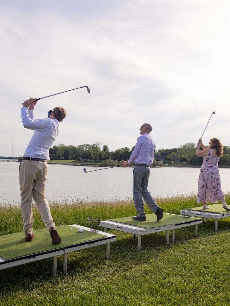 Annapolis waterfront wedding cocktail hour entertainment, biodegradable golf balls, cocktail hour driving range, guest experience