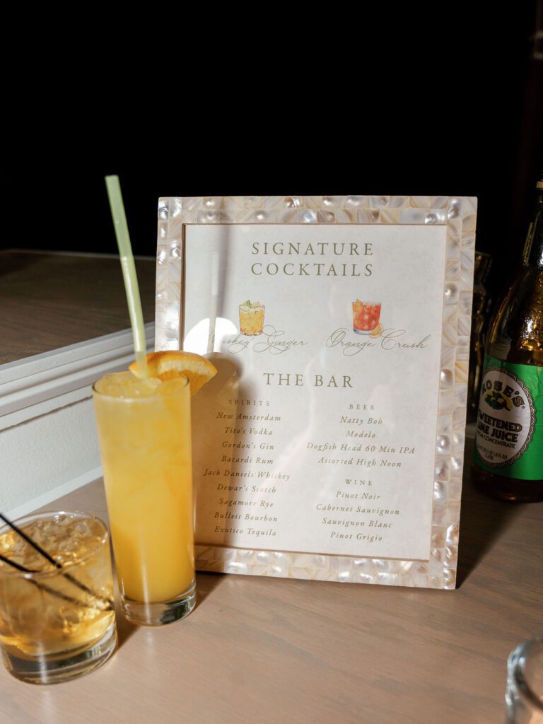 signature drink bar sign, orange crush signature cocktail